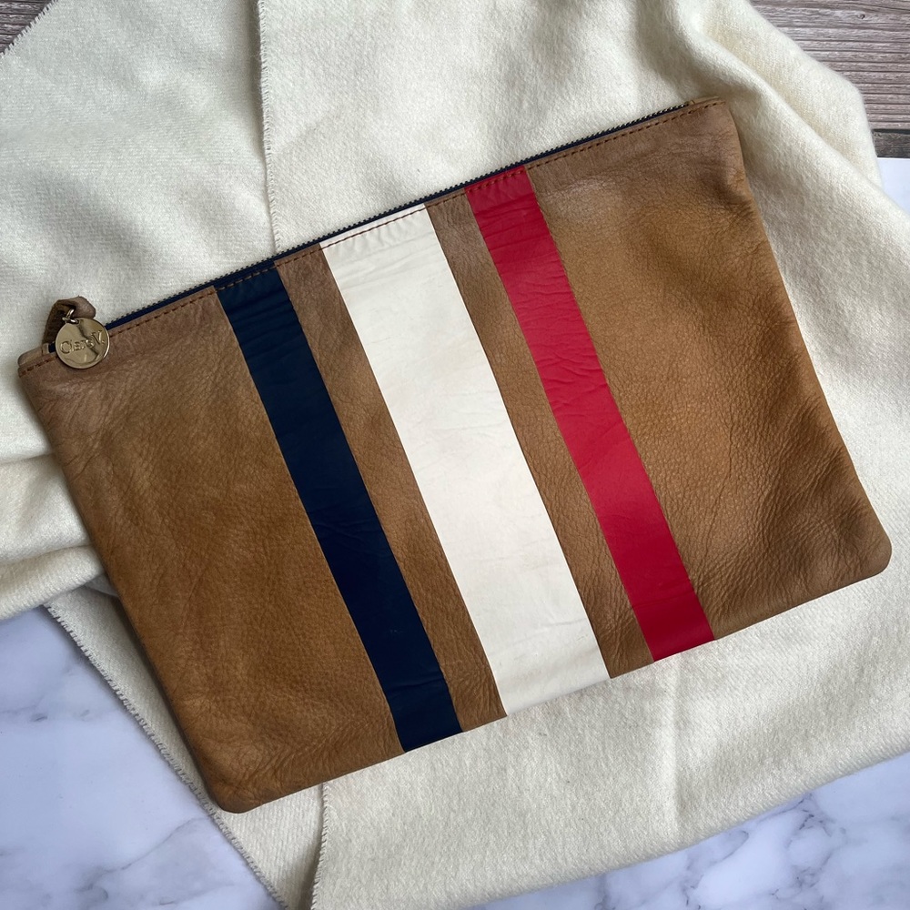 Clare V Vivier Leather Flat Clutch Red White & Navy Blue Stripe
